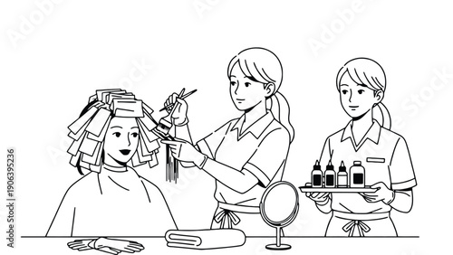Hair stylist illustration with woman getting hair curled on transparent background