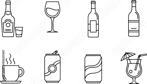 Assorted beverages including coffee, tea, soda, and alcohol