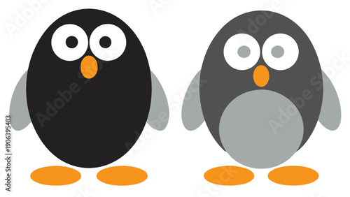 Two playful cartoon penguins in glossy black and grey on white background