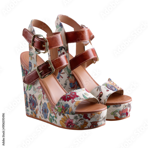 A stylish pair of floral wedges with brown straps on transparent background