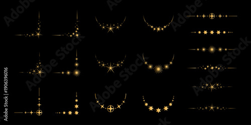 Golden star divider collection. Beautiful decorative corners, lines and arcs. Shiny borders set