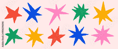 Star paper cut collection. Trendy irregular sparkle stickers set. Colorful tear paper shapes with torn edge