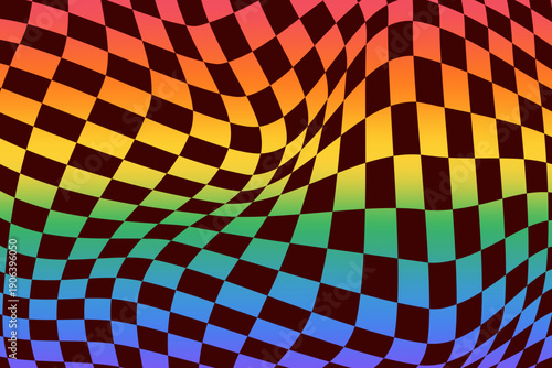 Rainbow gradient with wavy checkered pattern. LGBTQ pride month background hippy art