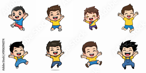 illustration of a cartoon set of chibi characters jumping for joy