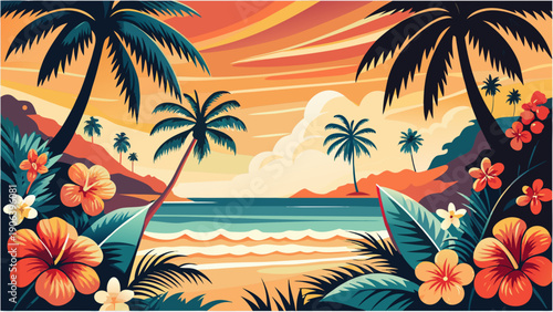 Tropical coastal landscape at golden hour with palm trees and hibiscus flowers