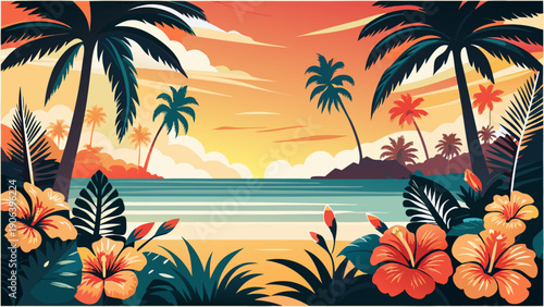 Tropical beach landscape with palm trees hibiscus flowers at sunset