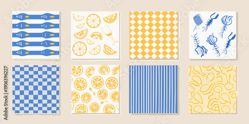 Collection of illustrated cards featuring various summer themed patterns