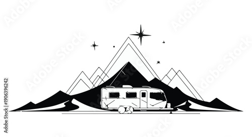 Adventure awaits with a campervan parked amidst majestic mountain peaks under a starry sky.