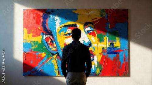 Male art enthusiast admiring colorful abstract portrait in gallery.
