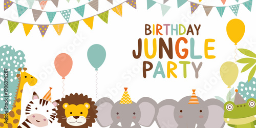A colorful birthday jungle party illustration with animals and festive decorations