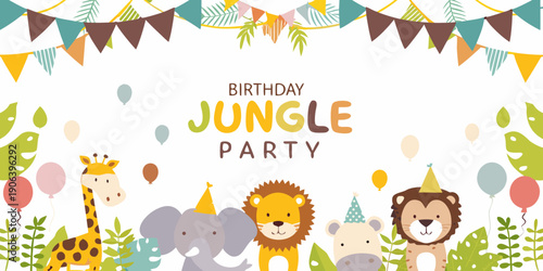 Sticker A colorful jungle themed birthday party banner with cute animal illustrations