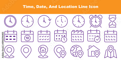 Time, date, and location line icon set with editable stroke. Vector illustration.