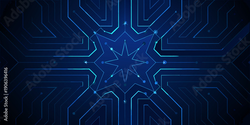 Abstract blue circuit board pattern with a central glowing starburst