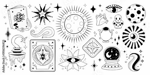 Mystical illustrations tarot cards celestial symbols and esoteric objects