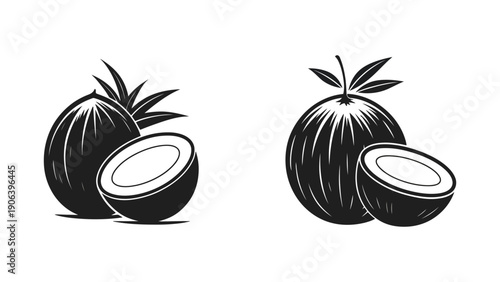 Two stylized coconuts, one whole and one halved, with leaves.