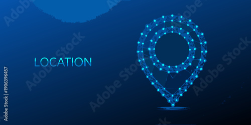 Abstract location pin graphic formed from glowing polygonal lines and dots