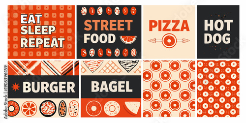 A colorful grid displaying various fast food items and related text