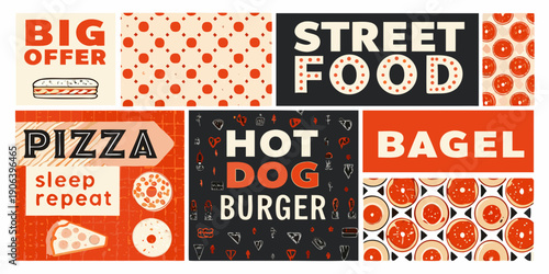 Colorful street food advertising collage with pizza bagels and hot dogs