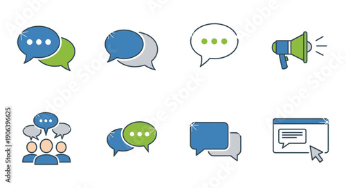 Collection of Communication Icons: Speech Bubbles Megaphone and Online Chat.