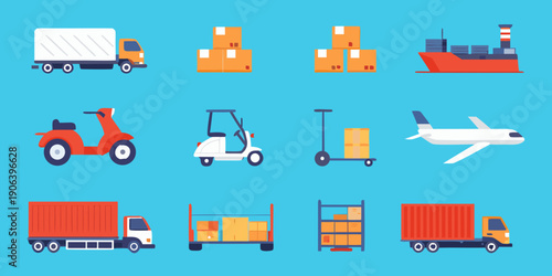 Various modes of transportation and logistics icons on a blue background