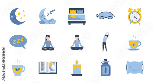 Collection of Sleep and Relaxation Icons: Moon Bed Yoga and Tea.