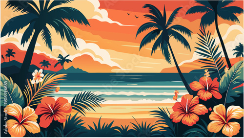Tropical sunset over ocean beach with palm trees and hibiscus flowers