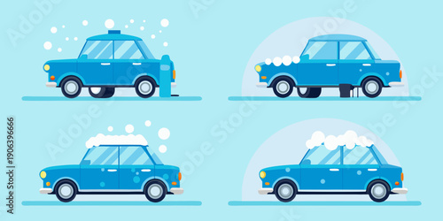 Four stages of a blue car being washed with foaming soap
