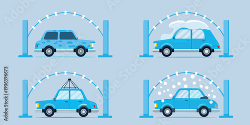 Four stages of a blue car going through an automatic car wash