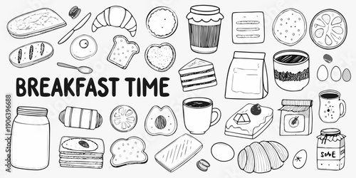 A charming black and white illustration of a delightful breakfast spread