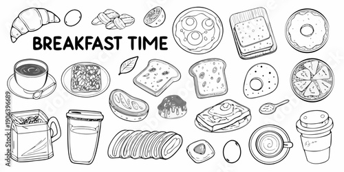 A hand drawn collection of various breakfast foods and beverages