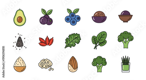 Colorful Flat Design Icons of Healthy Foods and Superfoods Collection.