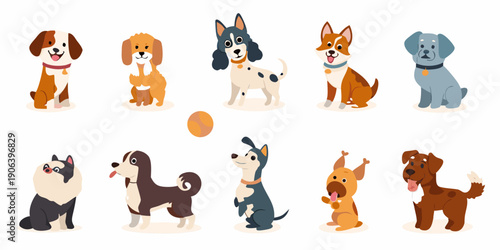 Collection of adorable cartoon puppies and a kitten with a ball