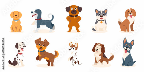 Collection of cartoon dogs in various colors and poses