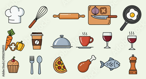 Vibrant Cartoon Food and Kitchen Utensil Icons Set.