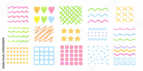 Colorful highlighter marks and doodles arranged in a grid pattern