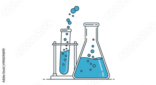 Two laboratory flasks with blue liquid and bubbles one in a stand science experiment.
