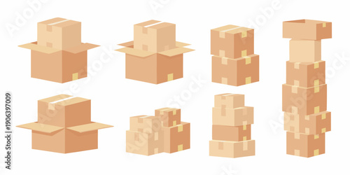 Isometric arrangement of cardboard boxes in various stacking configurations