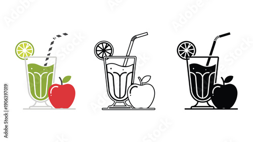 Three different styles of a green juice with an apple and lime.