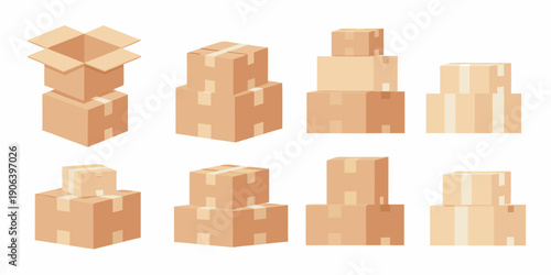 Various perspectives of stacked and single cardboard boxes