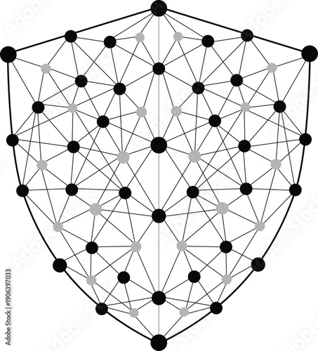 Abstract geometric shield network symbol with connected nodes mesh design representing cybersecurity protection data structure and digital defense emblem
