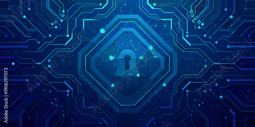 Abstract digital background with a glowing lock symbol representing data security