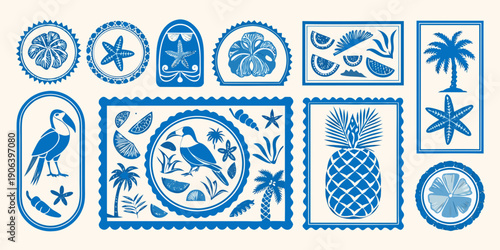 Blue and white tropical elements arranged in decorative frame shapes