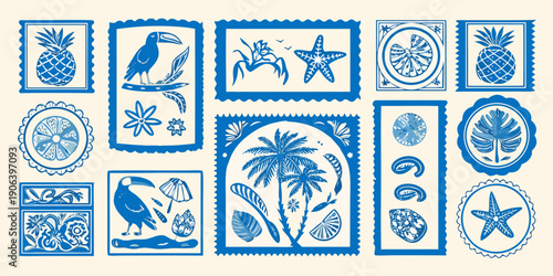 A collection of vintage style blue and white tropical themed postage stamps