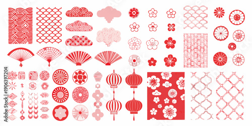 Collection of red asian patterned elements and floral motifs on white