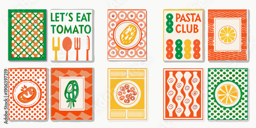 Colorful food themed illustrations arranged in a grid pattern