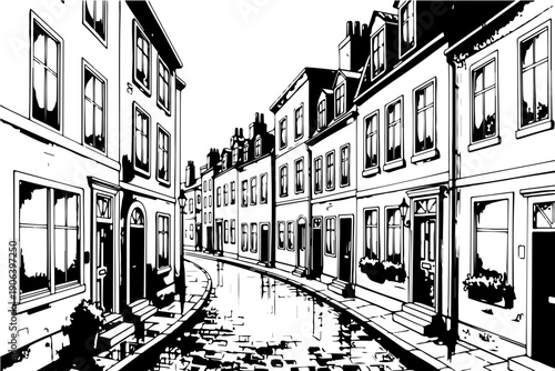 Vintage European street scene black white illustration urban architecture historic town