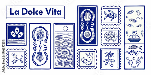 A collection of blue and white postage stamps with marine motifs