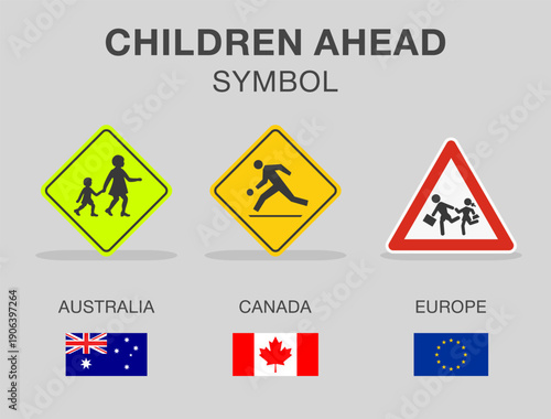 Traffic regulation rules and tips. Road sign types. "children ahead" traffic sign in different countries. Flat vector illustration template.