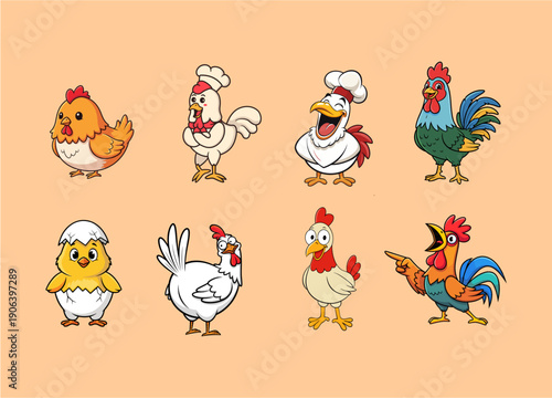 Cute Chicken and Rooster Cartoon Character Mascot Set