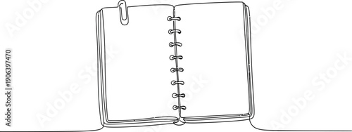 Open spiral notebook with fountain pen illustration on white background
